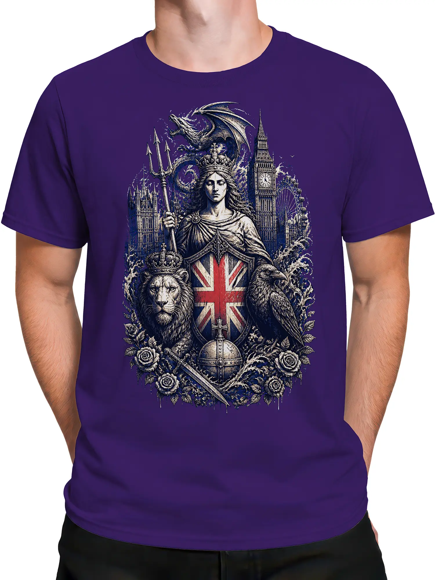 Male torso wearing a purple England T-shirt with a regal heraldic print, Union Jack shield, dragon, lion, raven, and roses