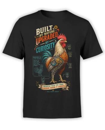 Rooster 2.0 technical graphic with gears and colorful lettering on a black T-shirt