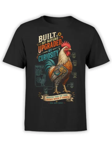 Rooster 2.0 technical graphic with gears and colorful lettering on a black T-shirt