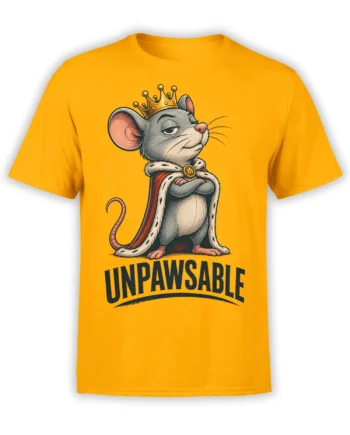 Yellow T-shirt with a crowned gray mouse in a royal cape and bold “UNPAWSABLE” lettering