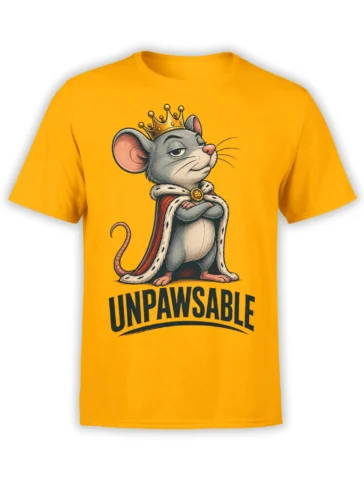 Yellow T-shirt with a crowned gray mouse in a royal cape and bold “UNPAWSABLE” lettering
