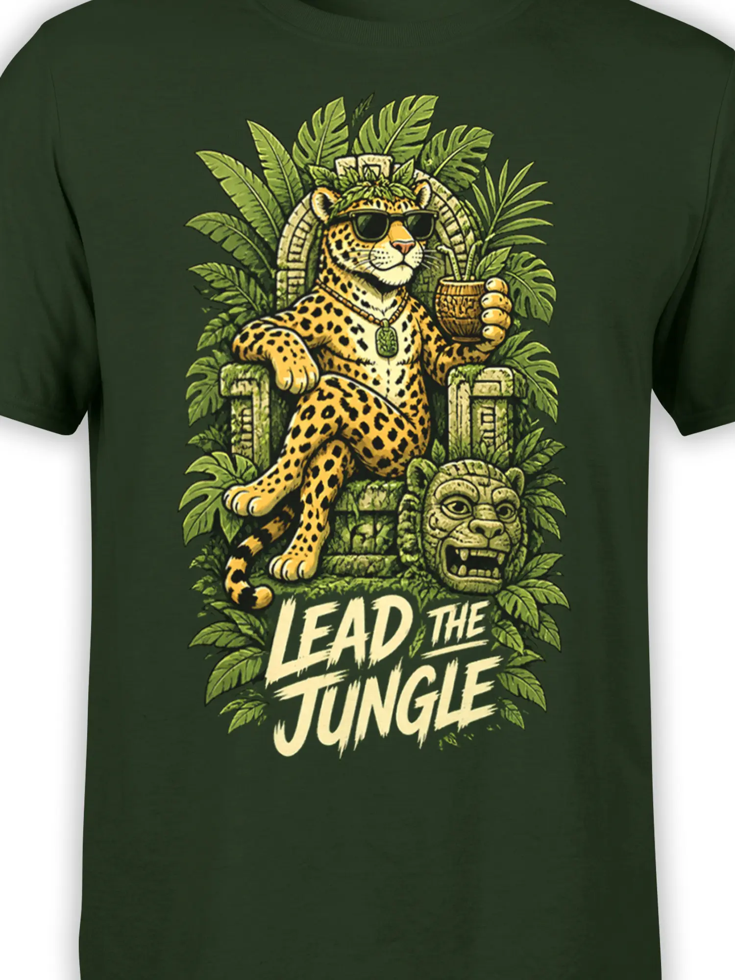Close-up of the leopard graphic, sunglasses, tropical leaves, stone throne, and “Lead the Jungle” text on green fabric