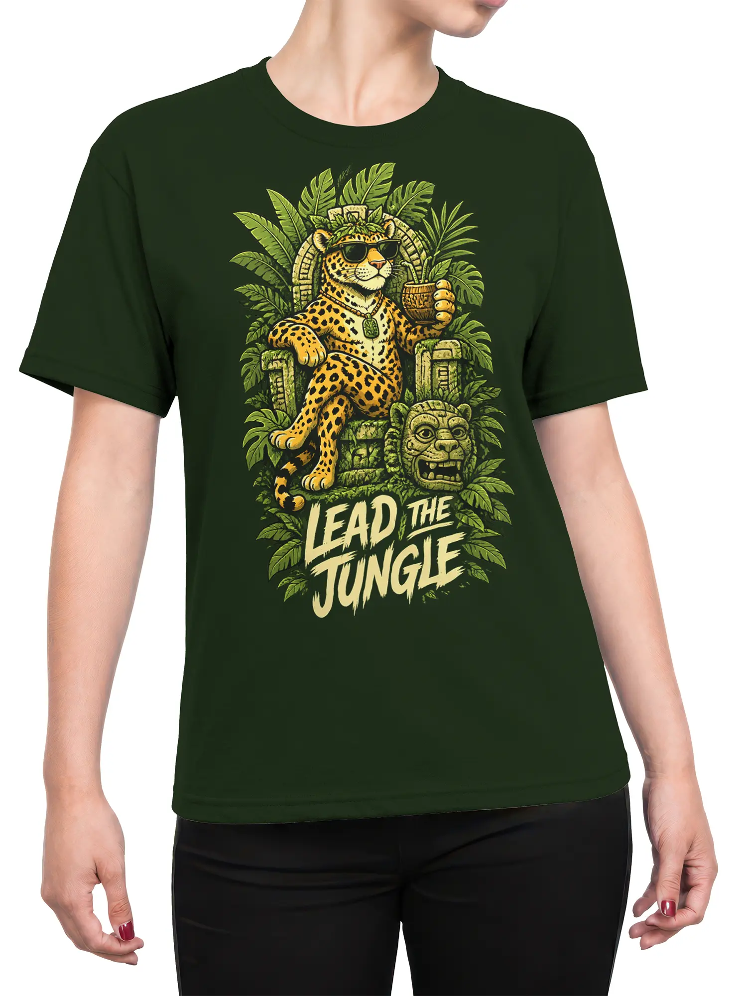 Female torso wearing a green leopard graphic tee with jungle leaves, stone throne, and “Lead the Jungle” design