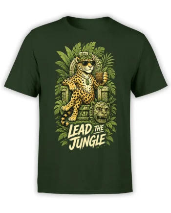 Green T-shirt with a sunglasses-wearing leopard on a stone throne and “Lead the Jungle” lettering
