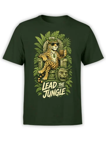 Green T-shirt with a sunglasses-wearing leopard on a stone throne and “Lead the Jungle” lettering