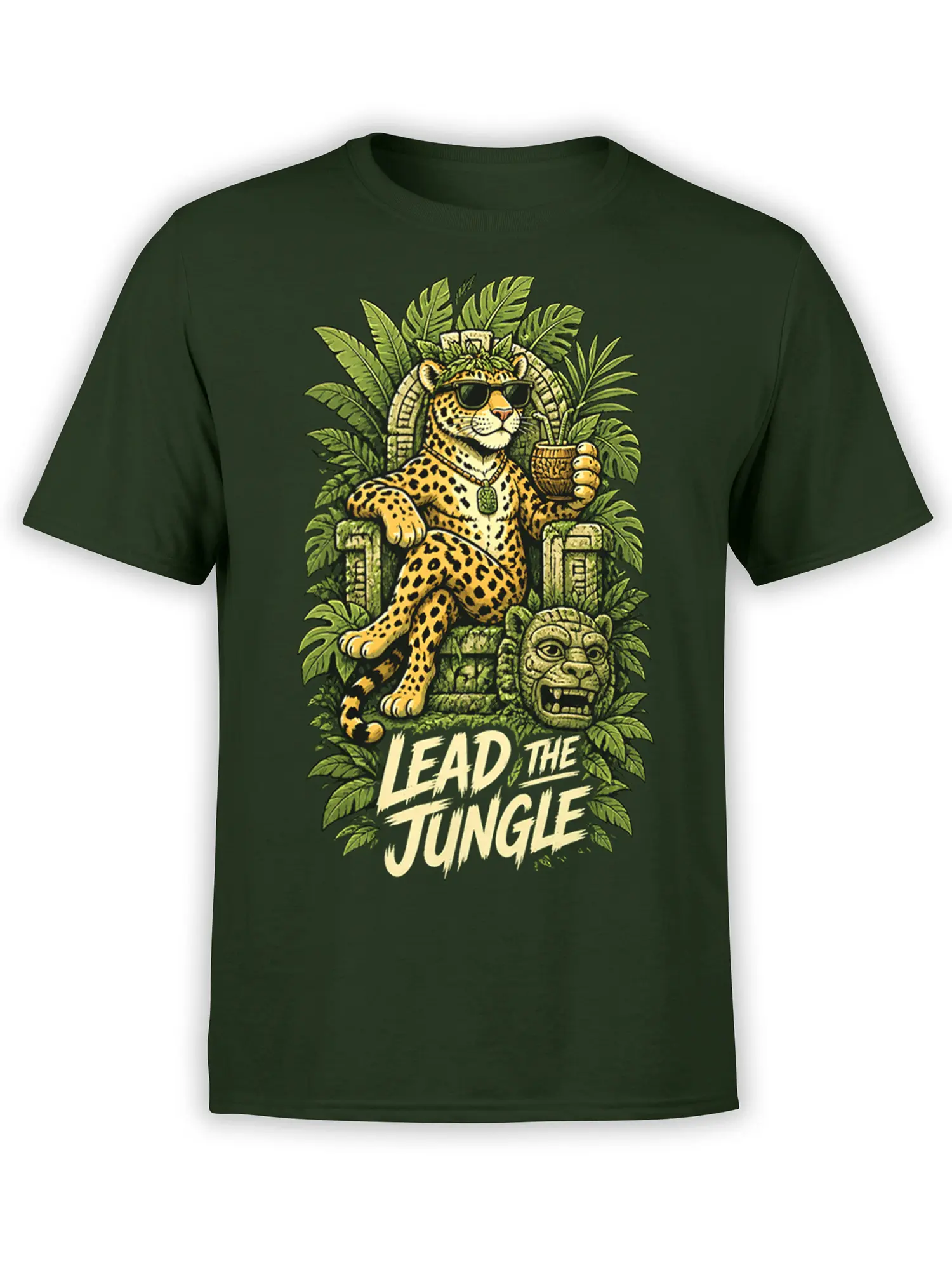 Green T-shirt with a sunglasses-wearing leopard on a stone throne and “Lead the Jungle” lettering