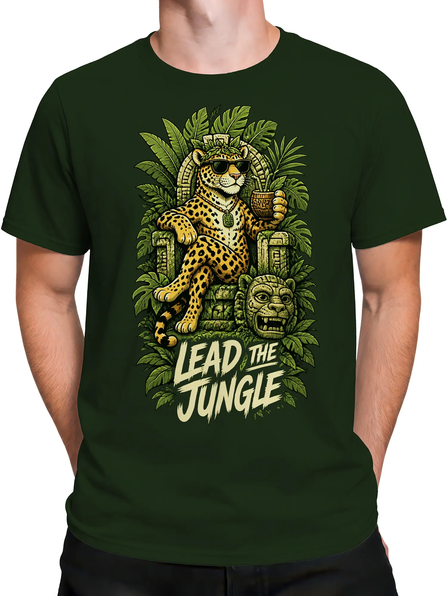 Male torso wearing a green leopard graphic tee with sunglasses and tropical “Lead the Jungle” artwork