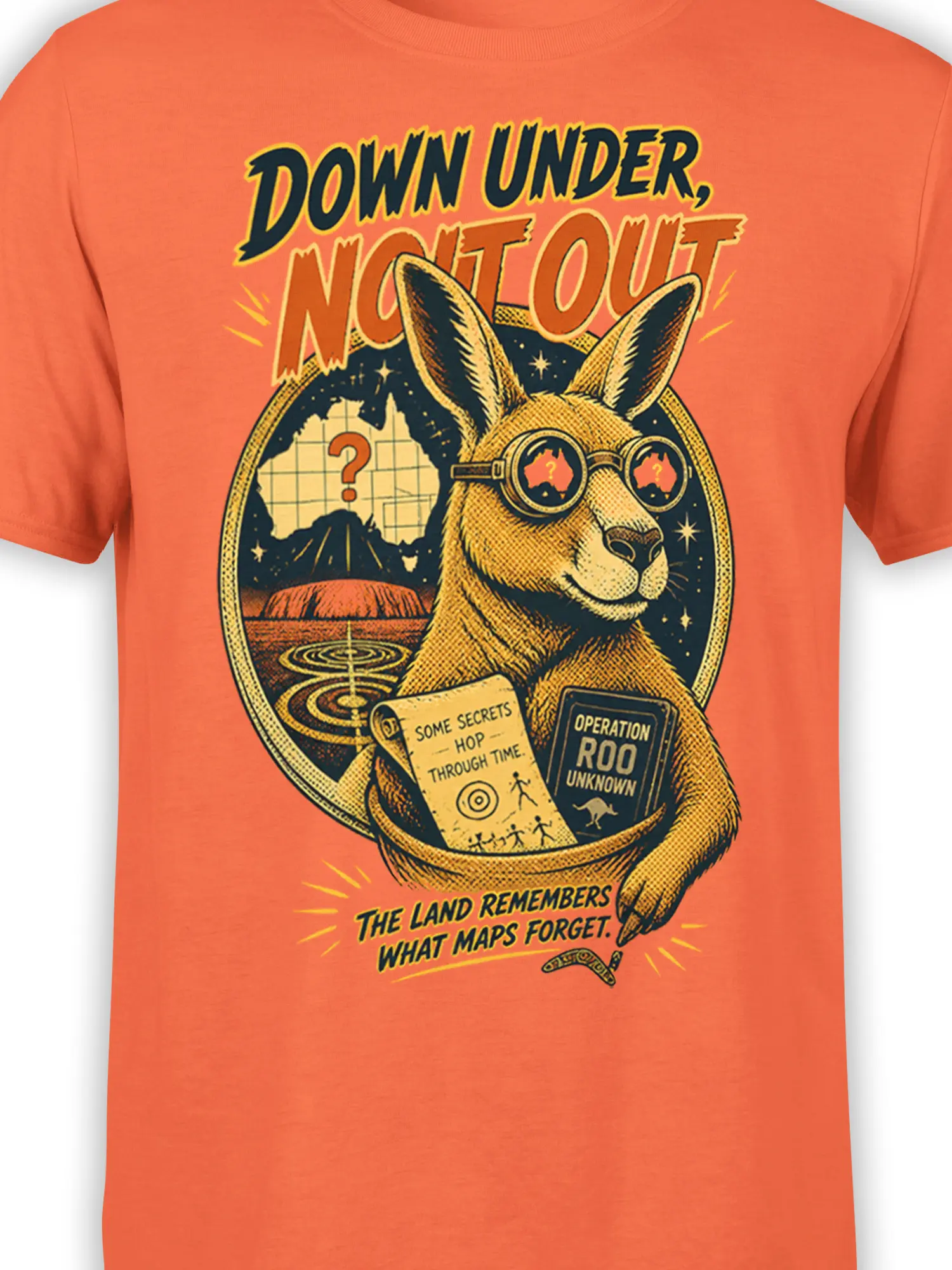 Close-up of orange kangaroo graphic with goggles, secret scroll, Operation Roo booklet, and vintage adventure details