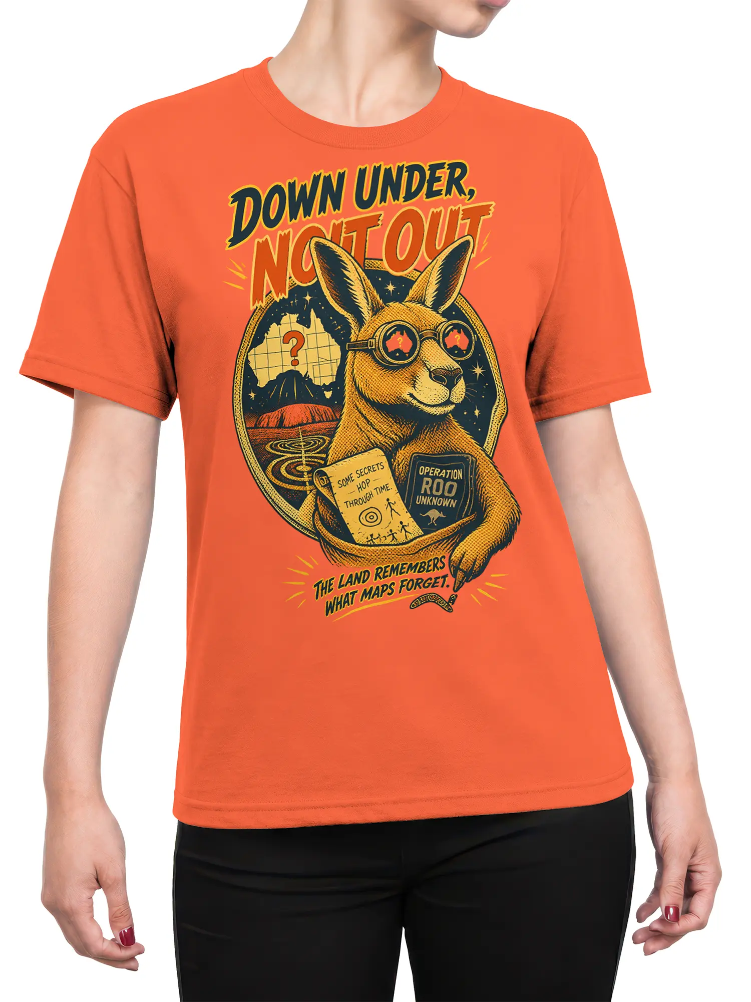 Female torso wearing an orange kangaroo T-shirt with Australian map and mysterious time-travel explorer artwork