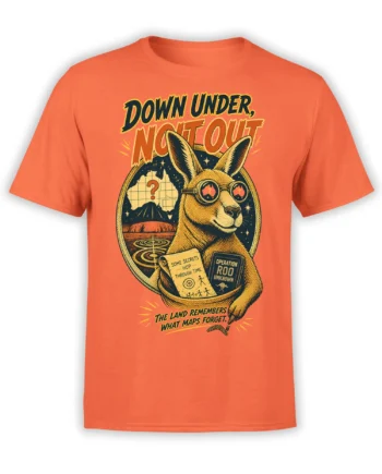 Orange kangaroo T-shirt with goggles, Australian map, time-travel clues, and bold Down Under adventure lettering