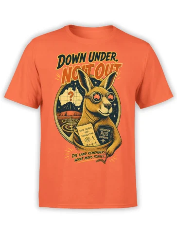 Orange kangaroo T-shirt with goggles, Australian map, time-travel clues, and bold Down Under adventure lettering