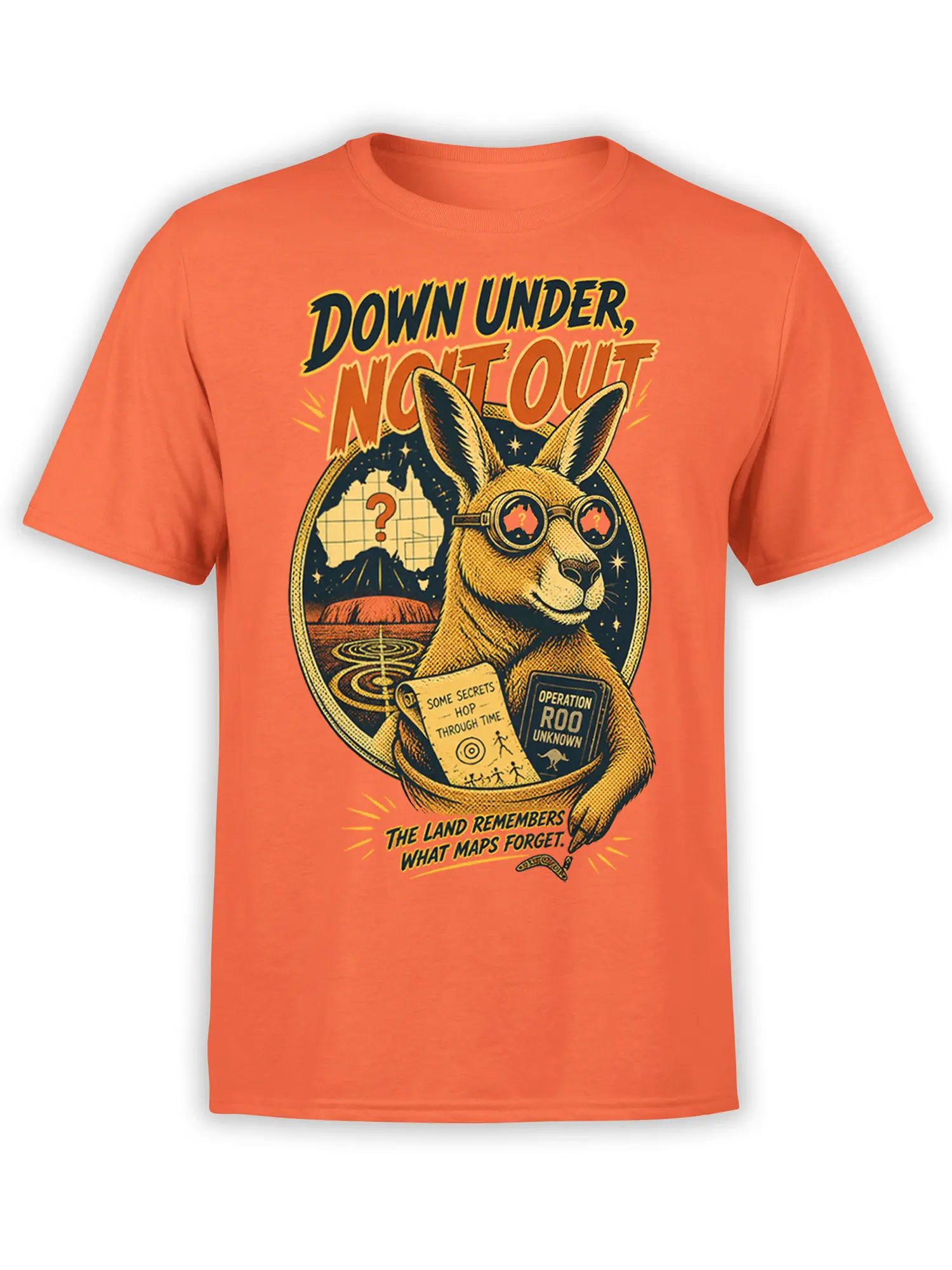 Orange kangaroo T-shirt with goggles, Australian map, time-travel clues, and bold Down Under adventure lettering