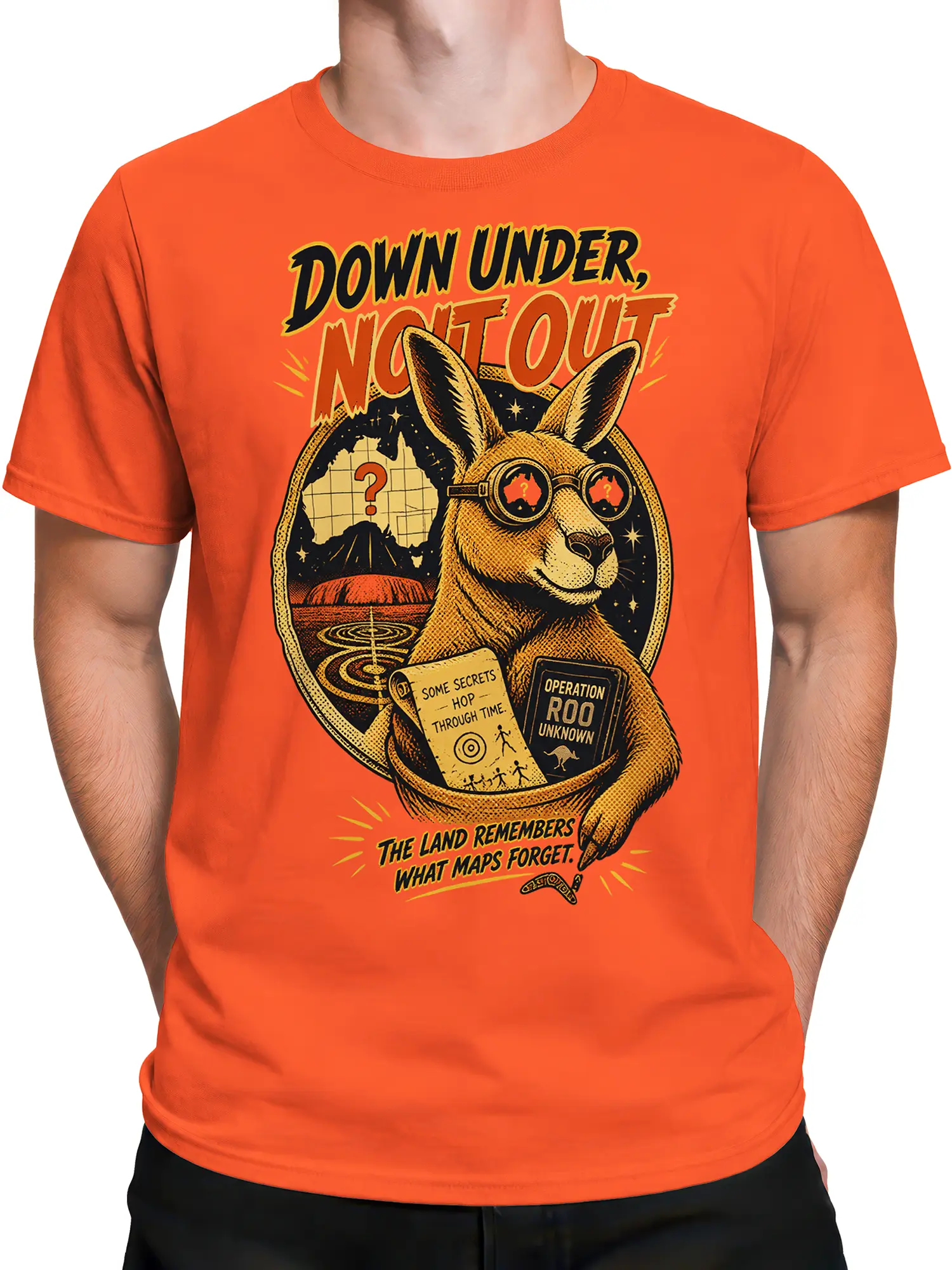Male torso wearing an orange kangaroo T-shirt with retro Australian adventure and time-travel artwork