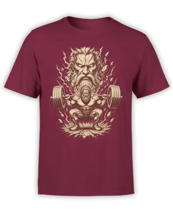 Mythic bearded warrior lifting a barbell on a burgundy fantasy graphic T-shirt