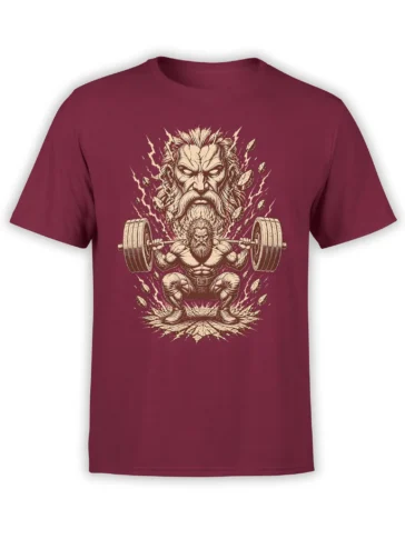 Mythic bearded warrior lifting a barbell on a burgundy fantasy graphic T-shirt