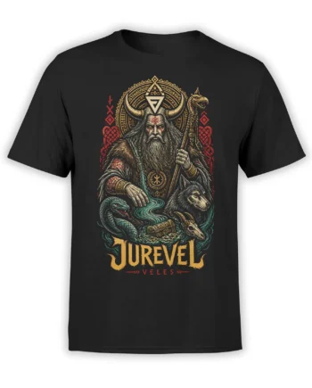Black mythology T-shirt with a bearded figure, wolf, serpent, ancient symbols, and JUREVEL VELES lettering