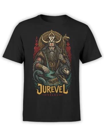 Black mythology T-shirt with a bearded figure, wolf, serpent, ancient symbols, and JUREVEL VELES lettering