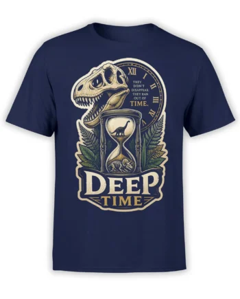 Deep Time dinosaur skull and hourglass graphic on a navy T-shirt with vintage fossil artwork