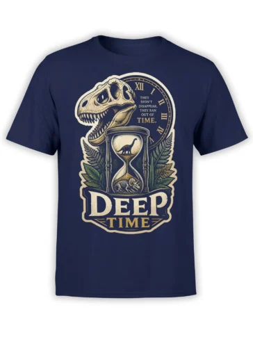 Deep Time dinosaur skull and hourglass graphic on a navy T-shirt with vintage fossil artwork