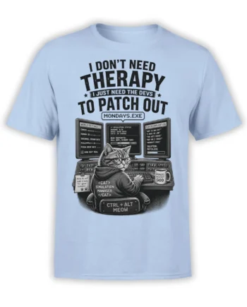 Light blue developer cat T-shirt showing a tabby simulation manager at a computer with Monday patch humor