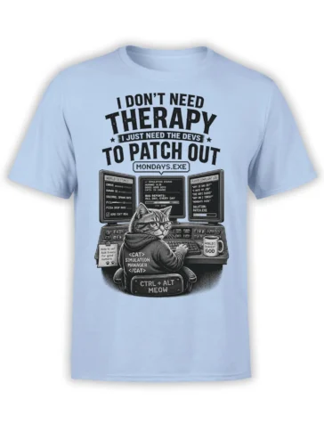 Light blue developer cat T-shirt showing a tabby simulation manager at a computer with Monday patch humor