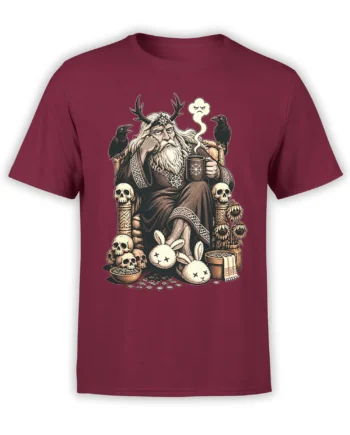 Antlered bearded sage with ravens, skulls, rabbits, and a mug on a burgundy fantasy T-shirt