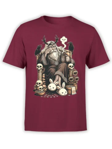 Antlered bearded sage with ravens, skulls, rabbits, and a mug on a burgundy fantasy T-shirt