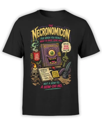 Black shirt with a funny dark fantasy spellbook, skull candle, tentacles, coffee mug, and chaotic to-do list design
