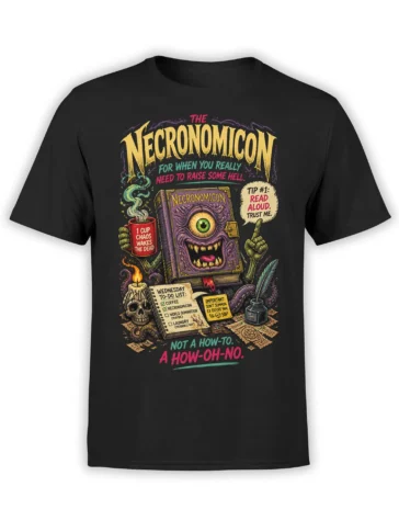 Black shirt with a funny dark fantasy spellbook, skull candle, tentacles, coffee mug, and chaotic to-do list design