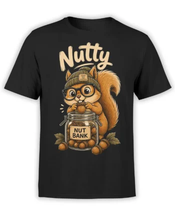 Black squirrel t-shirt with a glasses-wearing squirrel, acorns, and a Nut Bank jar graphic