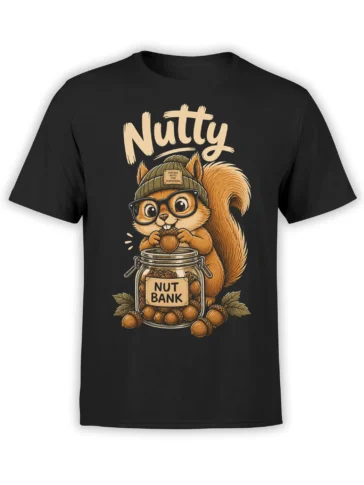 Black squirrel t-shirt with a glasses-wearing squirrel, acorns, and a Nut Bank jar graphic