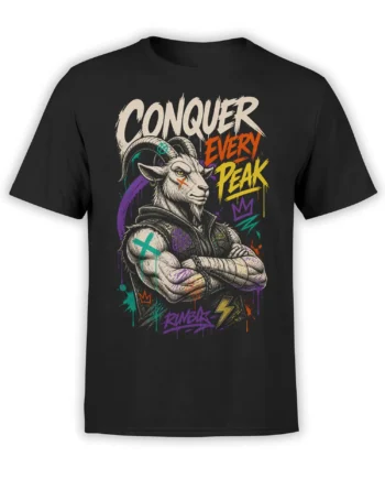 Black T-shirt with a horned goat in a vest, crossed arms, graffiti colors, and “CONQUER EVERY PEAK” lettering