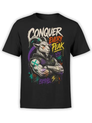 Black T-shirt with a horned goat in a vest, crossed arms, graffiti colors, and “CONQUER EVERY PEAK” lettering