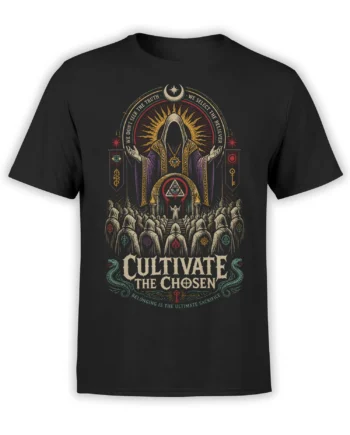 Black occult T-shirt with hooded figures, serpents, mystical symbols, and Cultivate the Chosen text