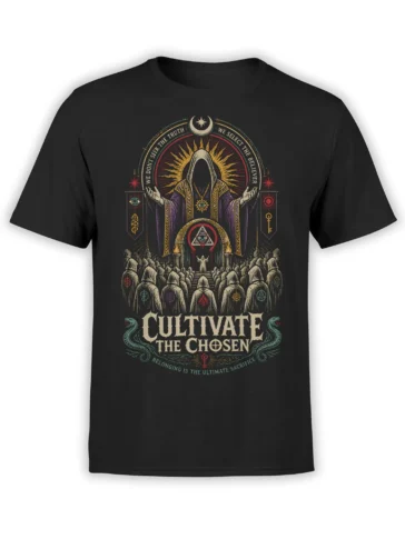 Black occult T-shirt with hooded figures, serpents, mystical symbols, and Cultivate the Chosen text