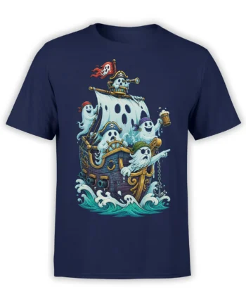 Ghost pirate crew sailing a haunted ship with a skull flag and waves on a navy T-shirt