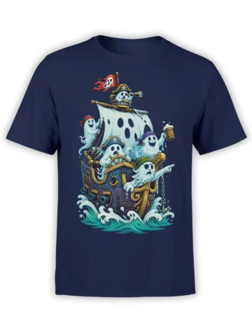 Ghost pirate crew sailing a haunted ship with a skull flag and waves on a navy T-shirt