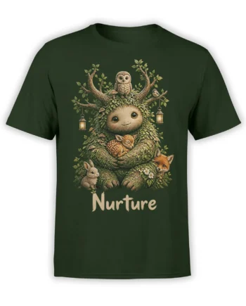 Dark green nature t-shirt with a mossy tree creature, owl, fox, fawn, rabbit, lanterns, and Nurture text