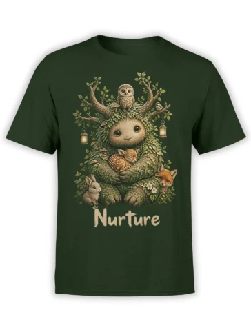 Dark green nature t-shirt with a mossy tree creature, owl, fox, fawn, rabbit, lanterns, and Nurture text