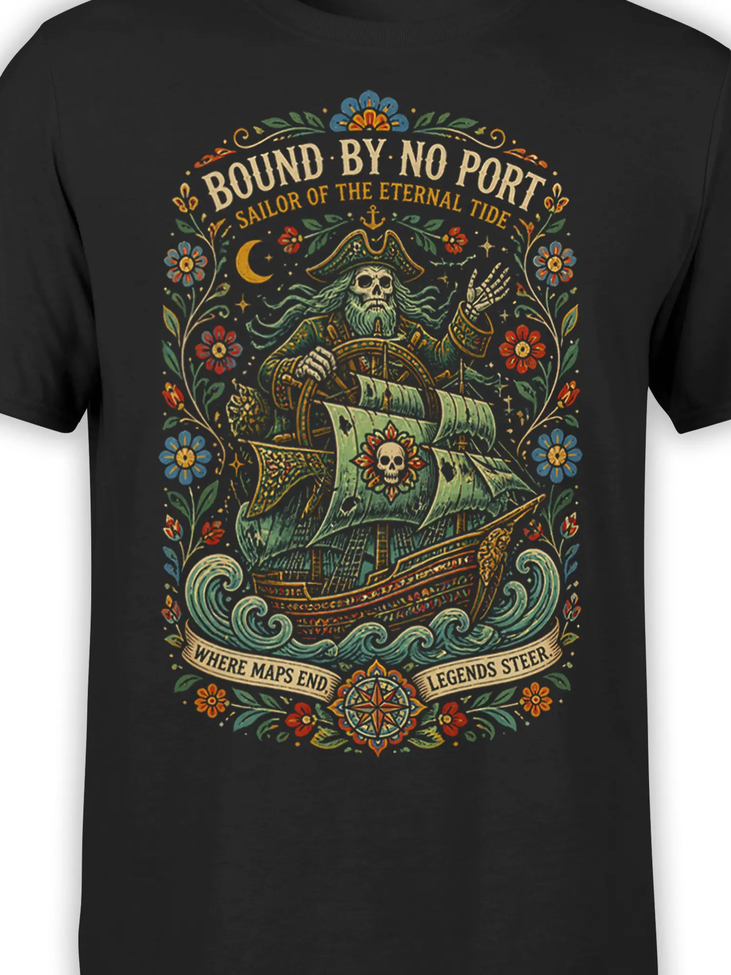 Close-up of skeleton pirate captain and sailing ship artwork on a black T-shirt