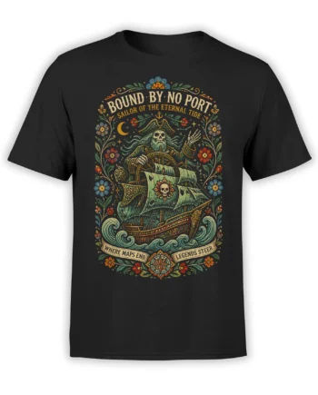 Vintage skeleton pirate captain steering a ship with compass and waves on a black T-shirt