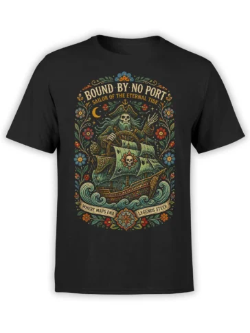 Vintage skeleton pirate captain steering a ship with compass and waves on a black T-shirt