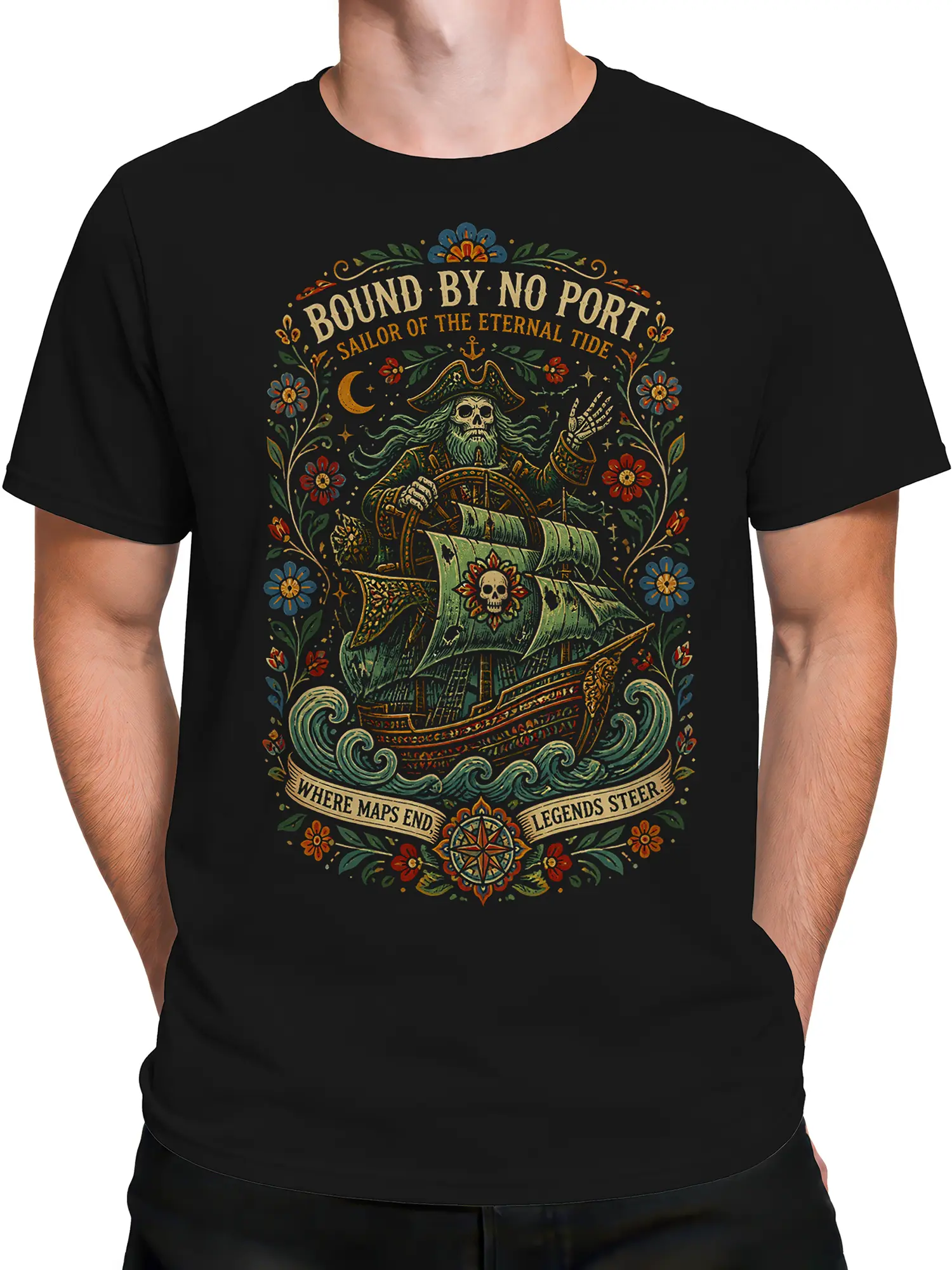 Male torso wearing a black T-shirt with skeleton captain and ship artwork