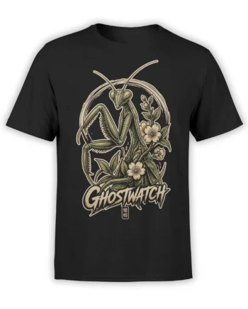 Vintage praying mantis and floral Ghostwatch design printed on a black graphic T-shirt