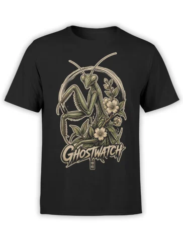 Vintage praying mantis and floral Ghostwatch design printed on a black graphic T-shirt
