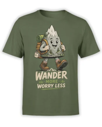 Olive green hiking T-shirt with a smiling backpacking mountain and “Wander More Worry Less” design