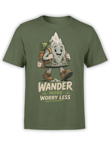 Olive green hiking T-shirt with a smiling backpacking mountain and “Wander More Worry Less” design