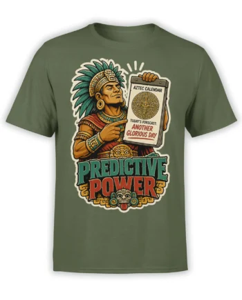 Olive green Aztec calendar T-shirt with feathered headdress artwork and “Predictive Power” lettering