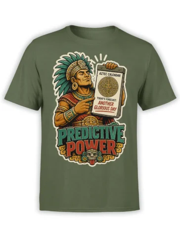 Olive green Aztec calendar T-shirt with feathered headdress artwork and “Predictive Power” lettering