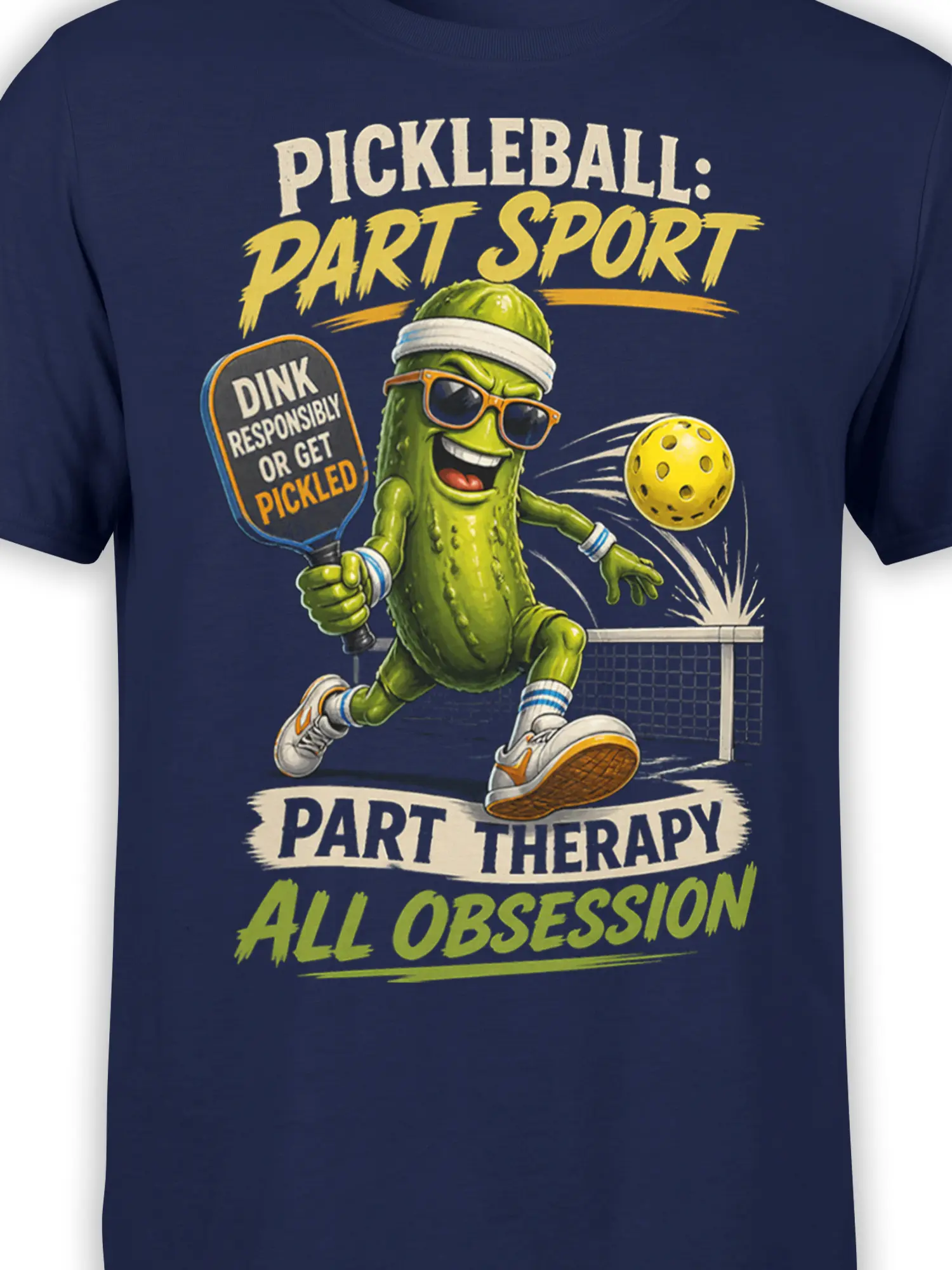 Close-up of green pickleball player and paddle graphic with humorous lettering on navy fabric